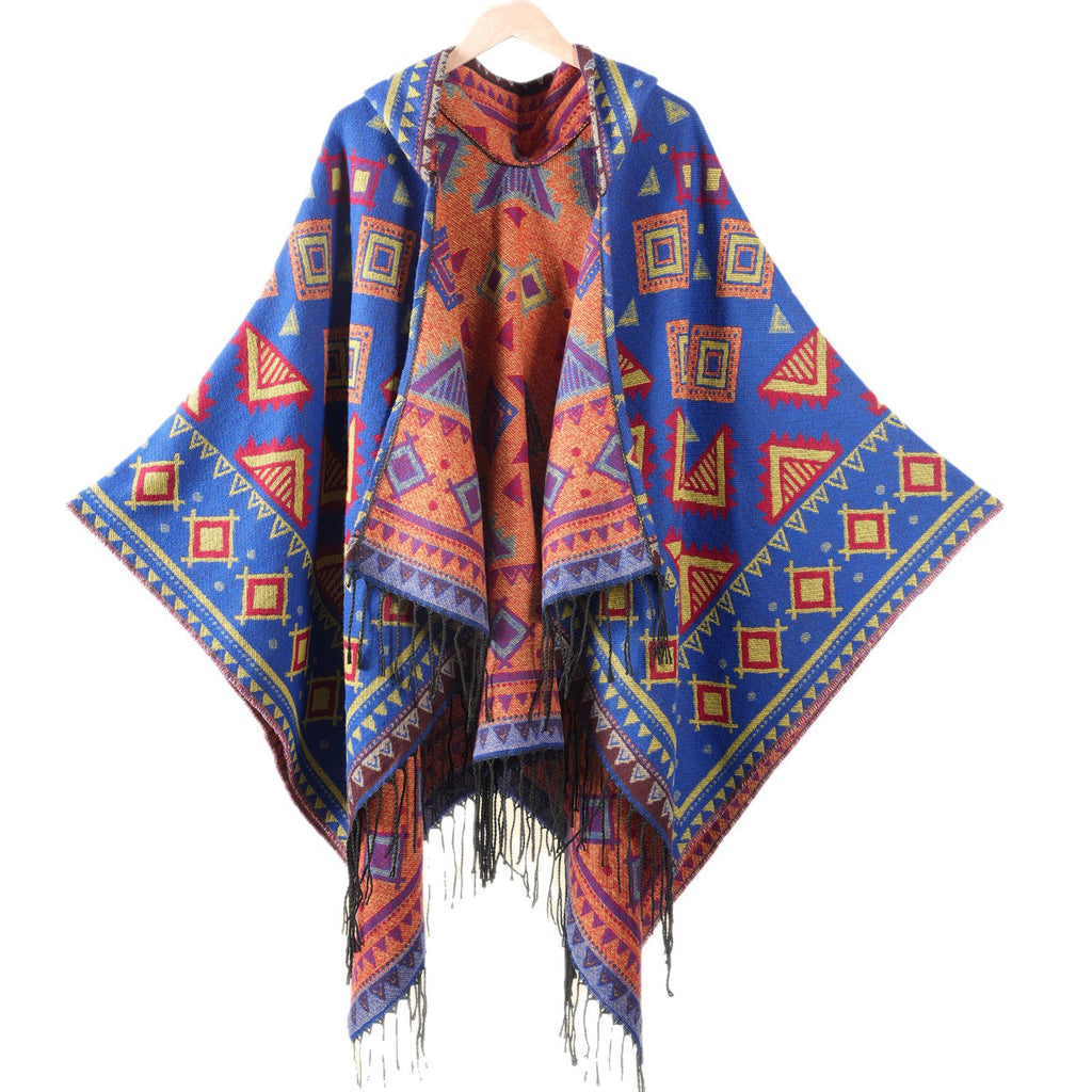 Hooded Fringe Aztec Print Ruana Cape - Blue