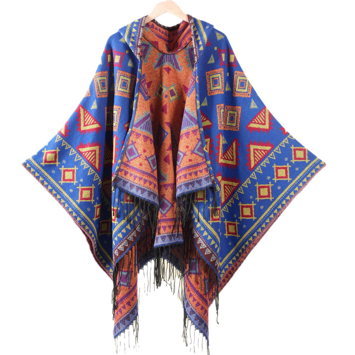 Hooded Fringe Aztec Print Ruana Cape - Blue