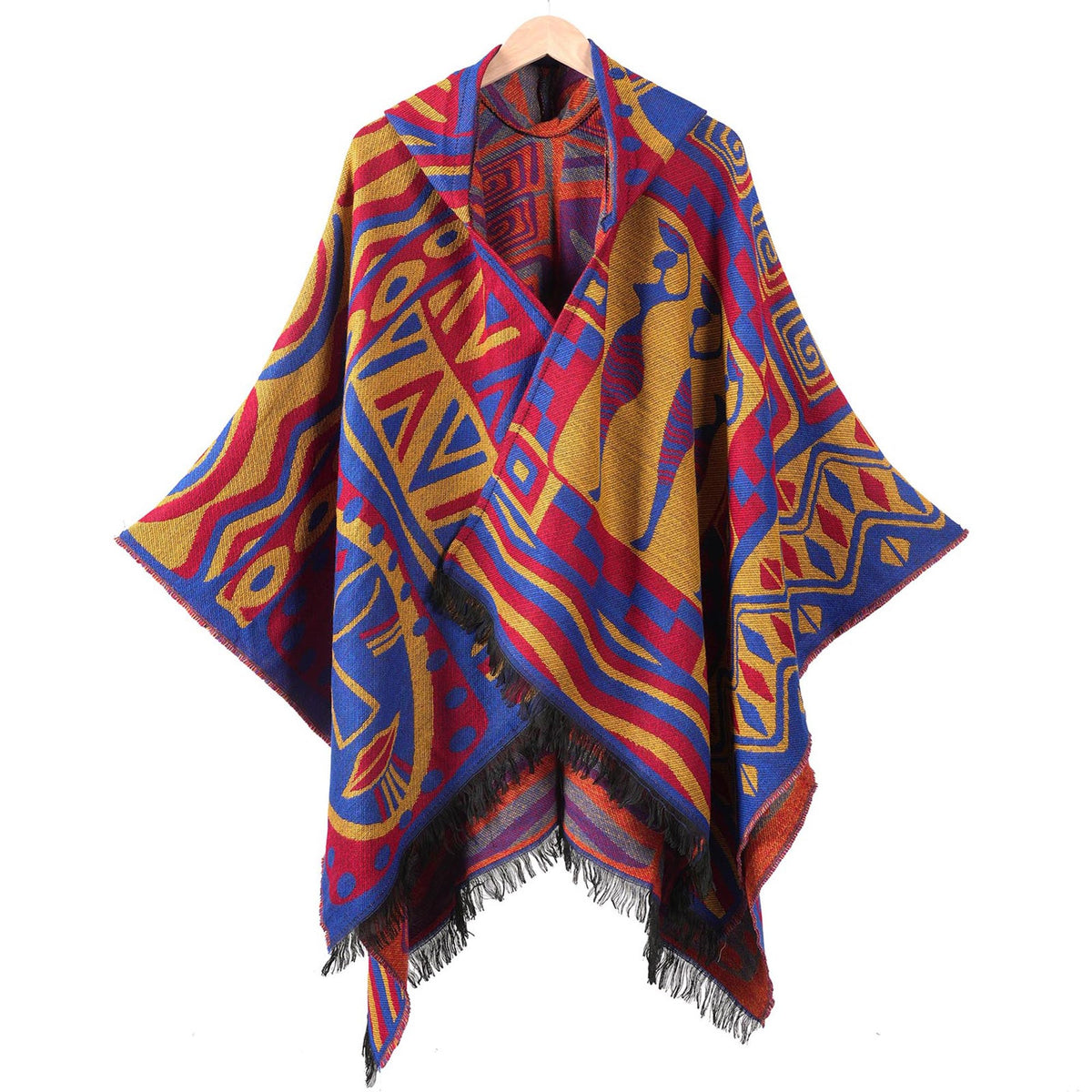 Hooded Fringe Aztec Print Ruana Cape - BlueRed