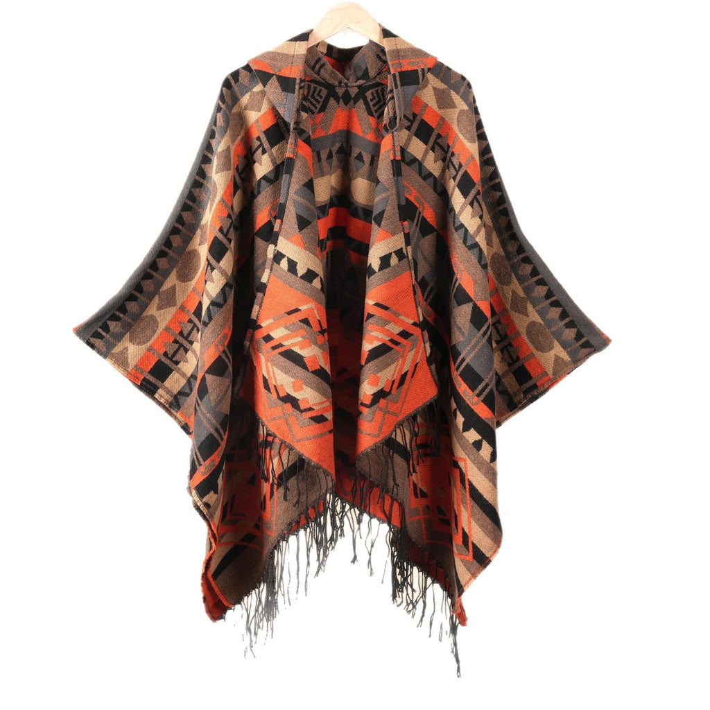Hooded Fringe Aztec Print Ruana Cape - Coffee