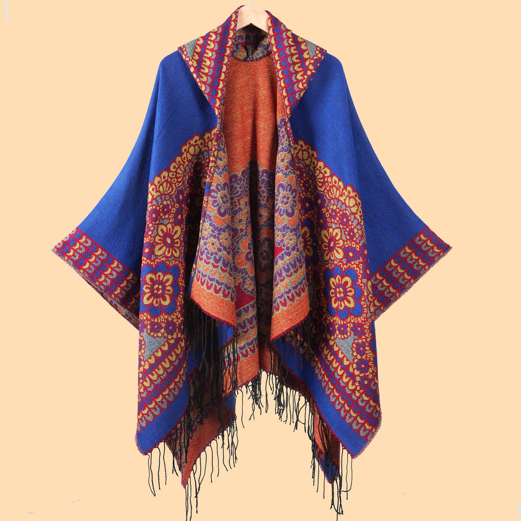 Hooded Fringe Aztec Print Ruana Cape - Darkblue