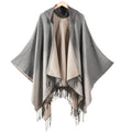Hooded Fringe Aztec Print Ruana Cape - Grey