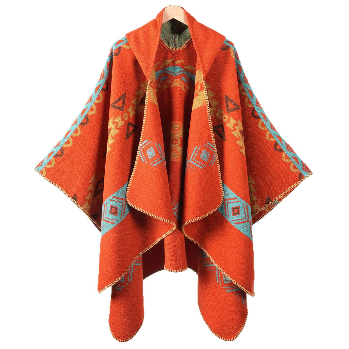 Hooded Fringe Aztec Print Ruana Cape - Orange-1