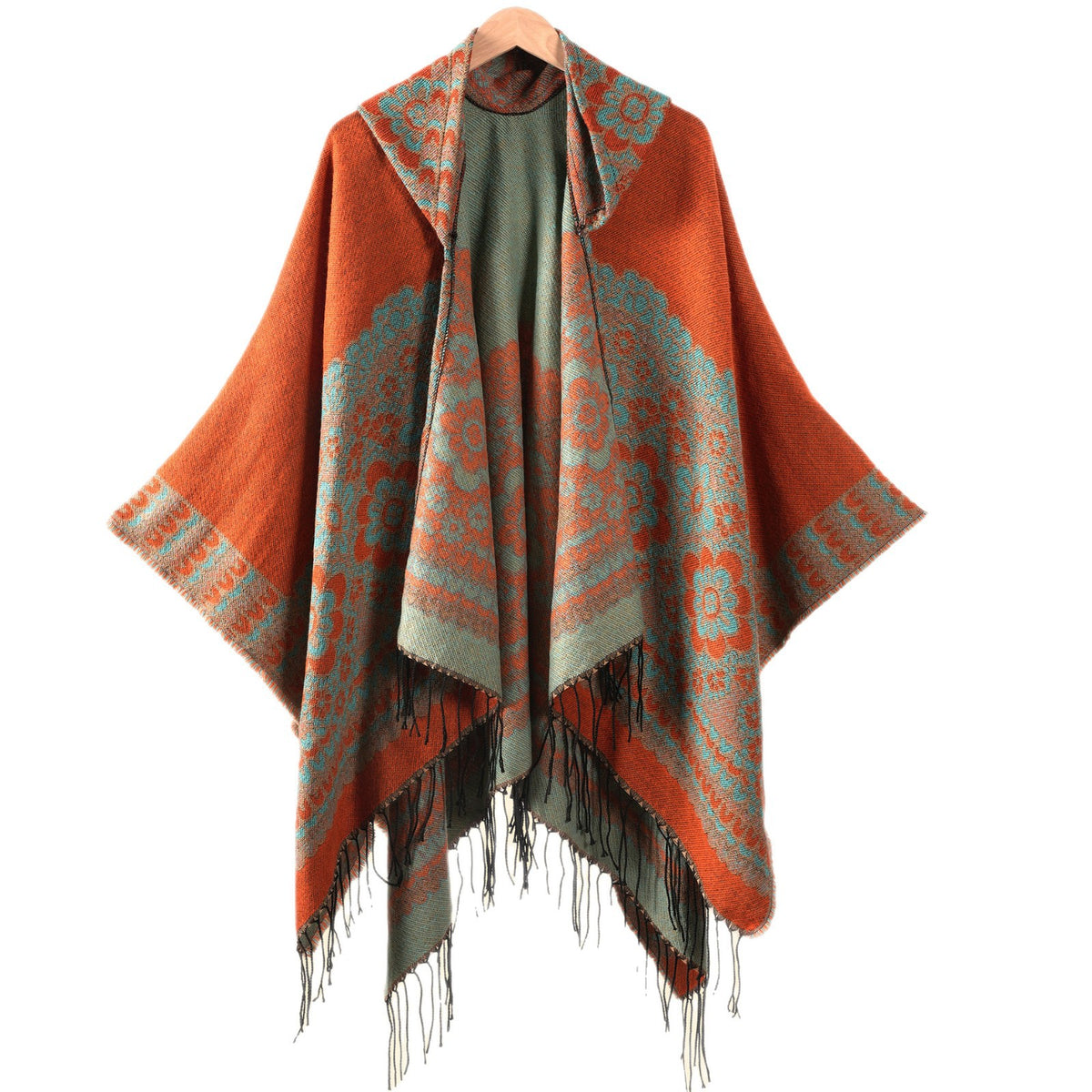 Hooded Fringe Aztec Print Ruana Cape - Orange-2