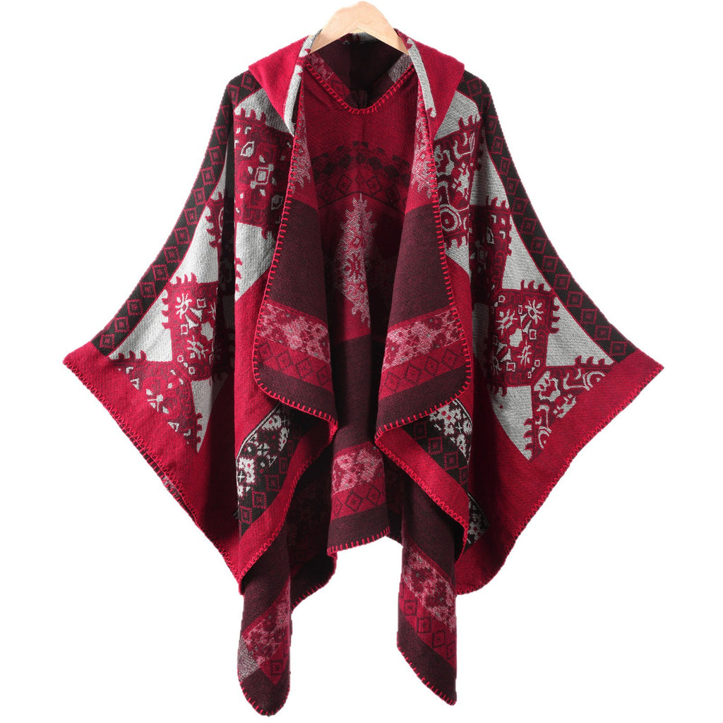 Hooded Fringe Aztec Print Ruana Cape - WineRed