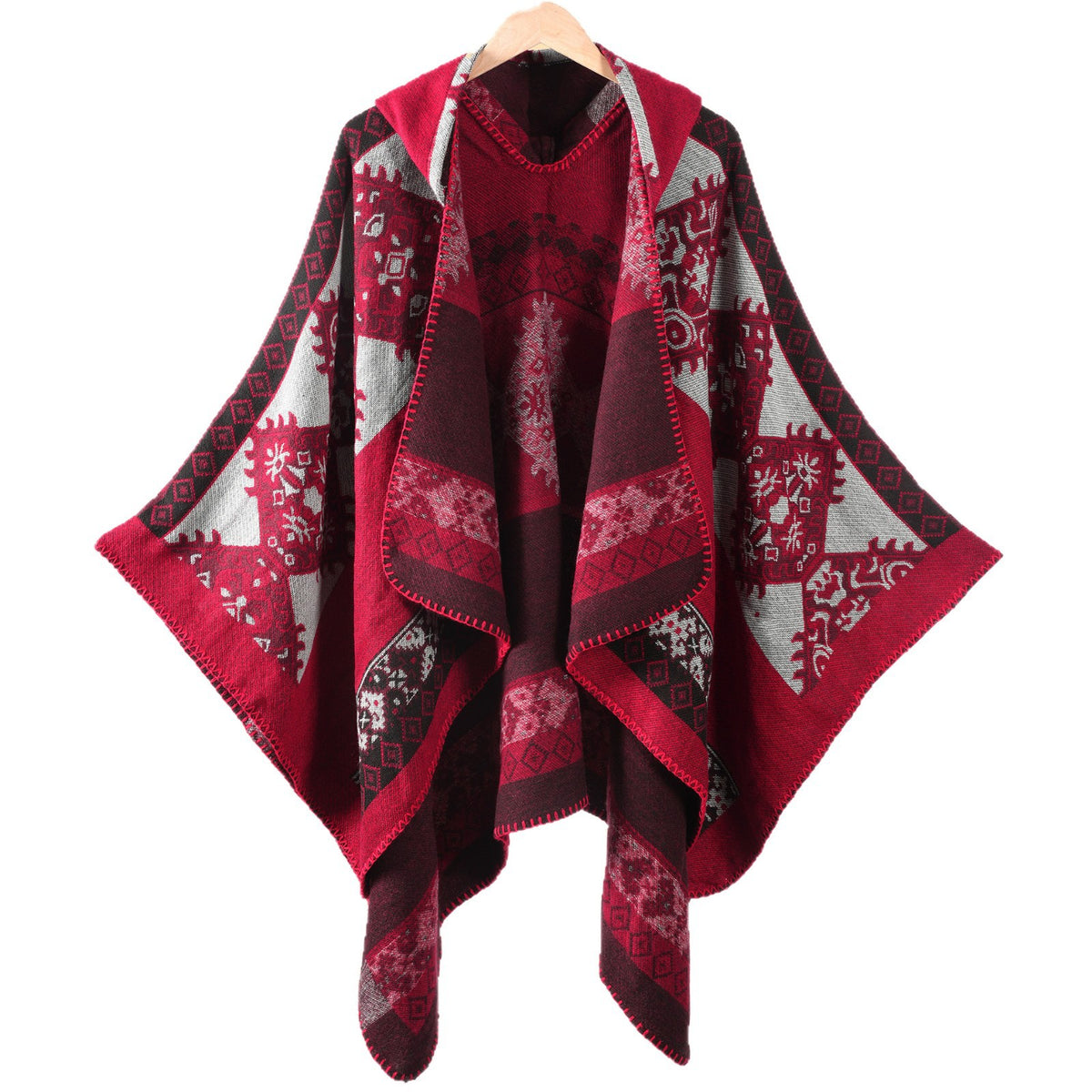 Hooded Fringe Aztec Print Ruana Cape - WineRed