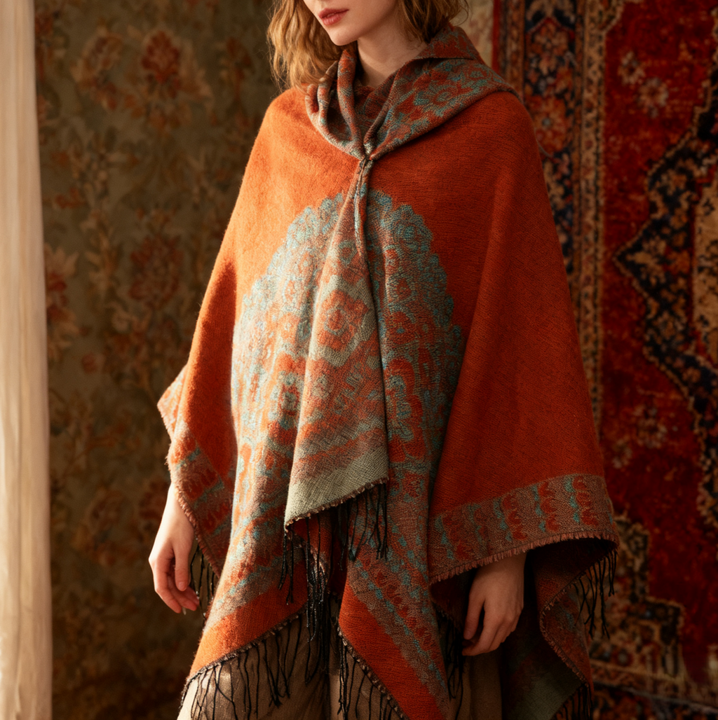 Hooded Fringe Aztec Print Ruana Cape - view 1