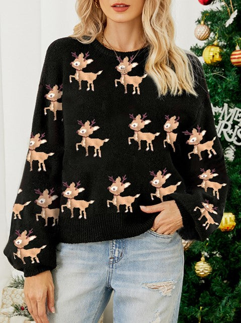 Reindeer Jacquard Crewneck Holiday Sweater - Black - 2