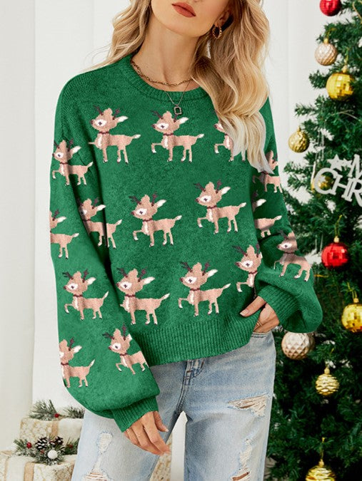 Reindeer Jacquard Crewneck Holiday Sweater - Green