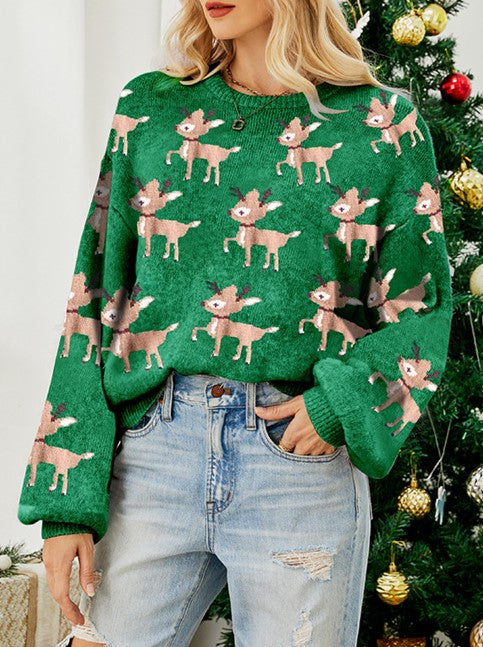 Reindeer Jacquard Crewneck Holiday Sweater - Green - 2