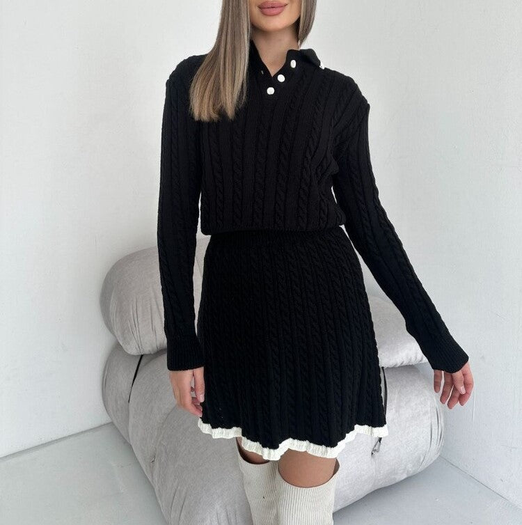 Cable Knit Button Collar Sweater Skirt Set - Black