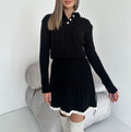 Cable Knit Button Collar Sweater Skirt Set - Black