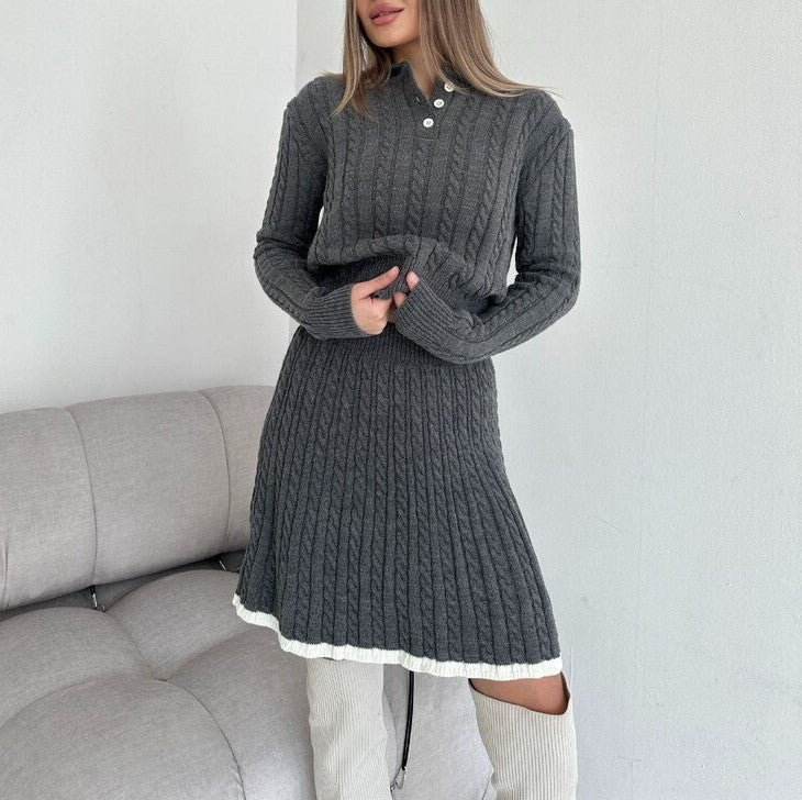 Cable Knit Button Collar Sweater Skirt Set - Grey - 1