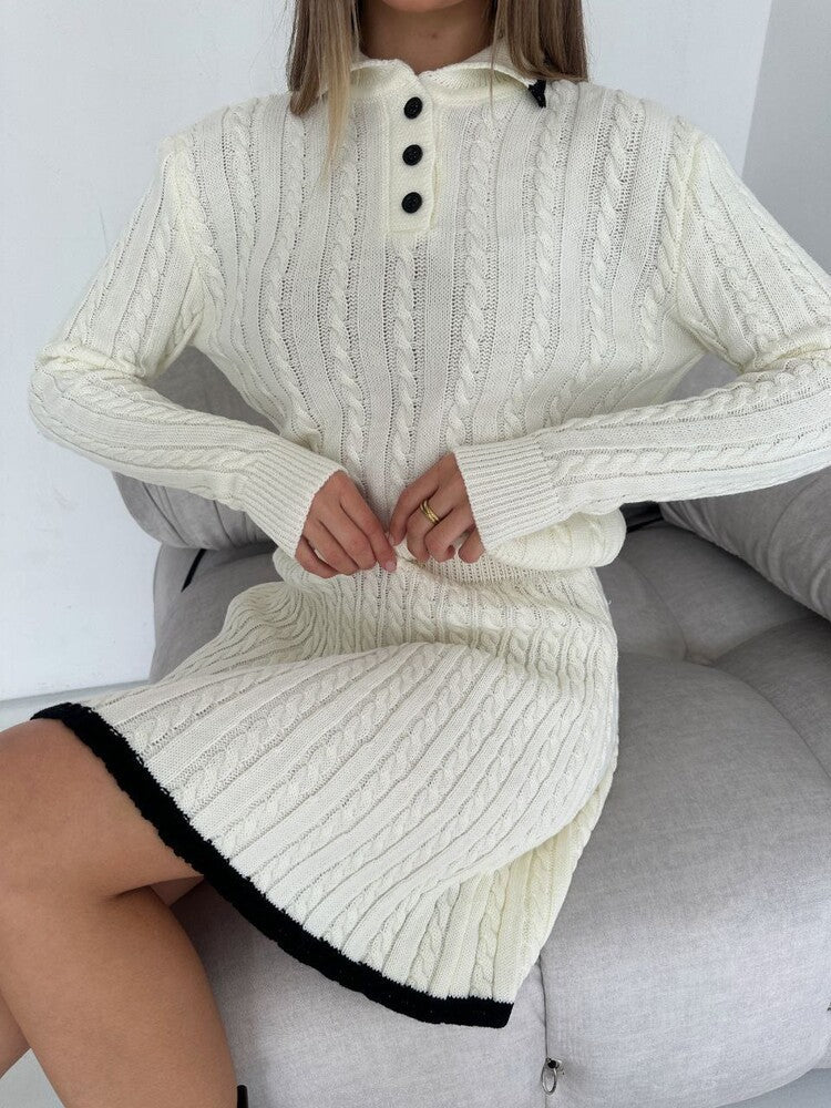 Cable Knit Button Collar Sweater Skirt Set - White - 1