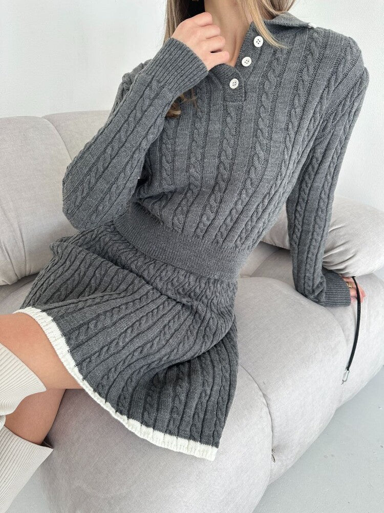 Cable Knit Button Collar Sweater Skirt Set