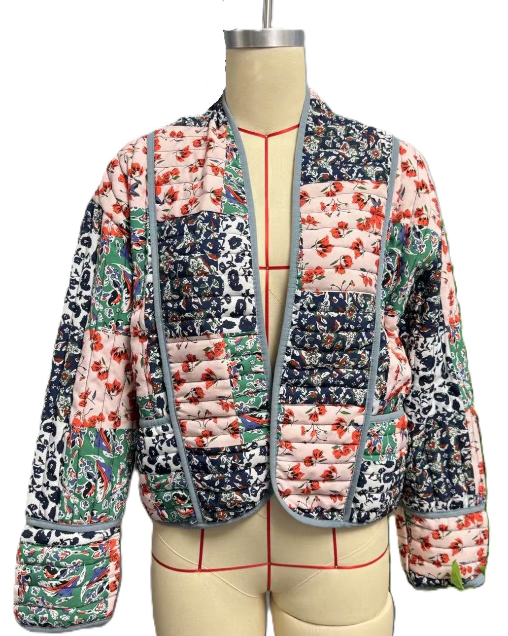 Floral Patchwork Quilted Open Front Coat - Blue - 1