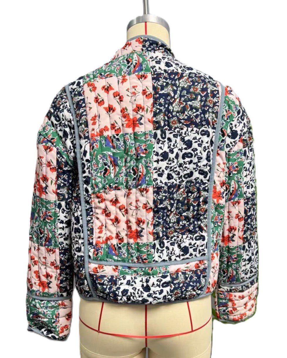 Floral Patchwork Quilted Open Front Coat - Blue - 2