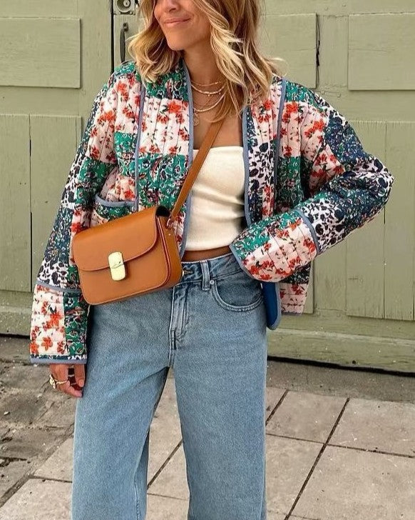 Floral Patchwork Quilted Open Front Coat - Blue - 3