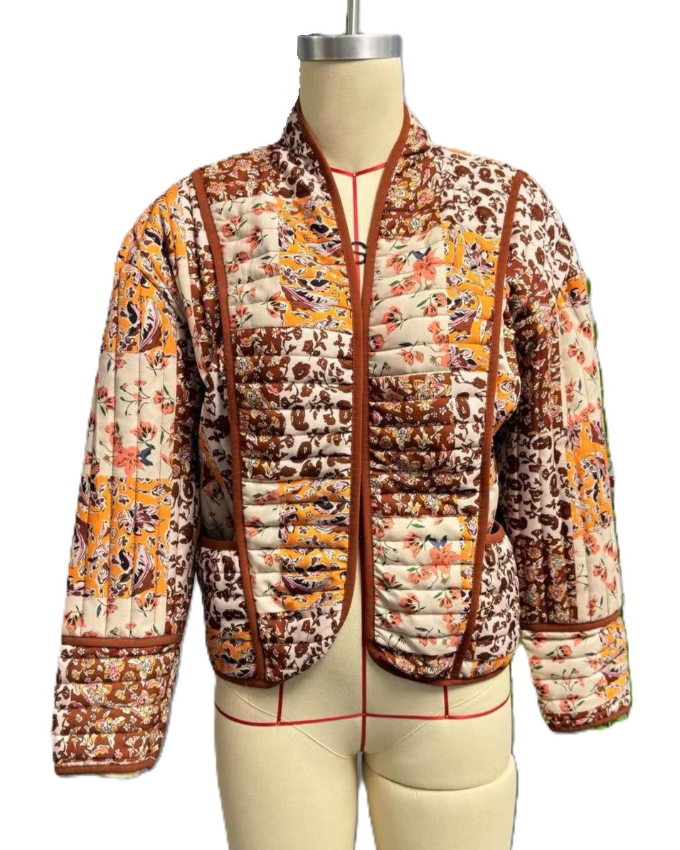Floral Patchwork Quilted Open Front Coat - Caramel