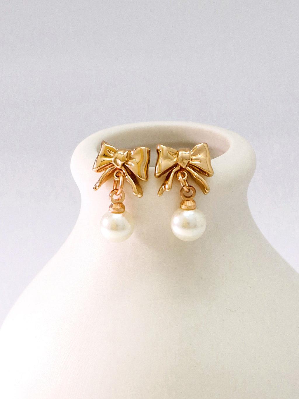 Ribbon Bow Pearl Drop Earrings - Gold - 1