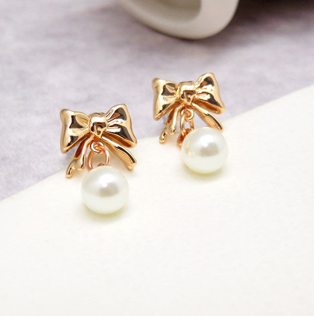 Ribbon Bow Pearl Drop Earrings - Gold - 2