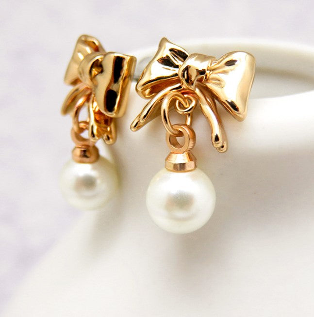 Ribbon Bow Pearl Drop Earrings - Gold - 3