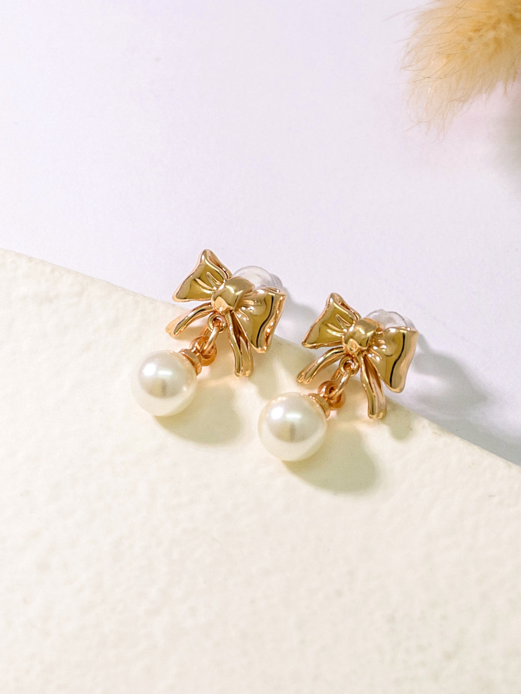 Ribbon Bow Pearl Drop Earrings - Gold - 4