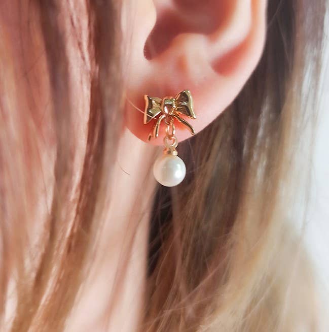 Ribbon Bow Pearl Drop Earrings