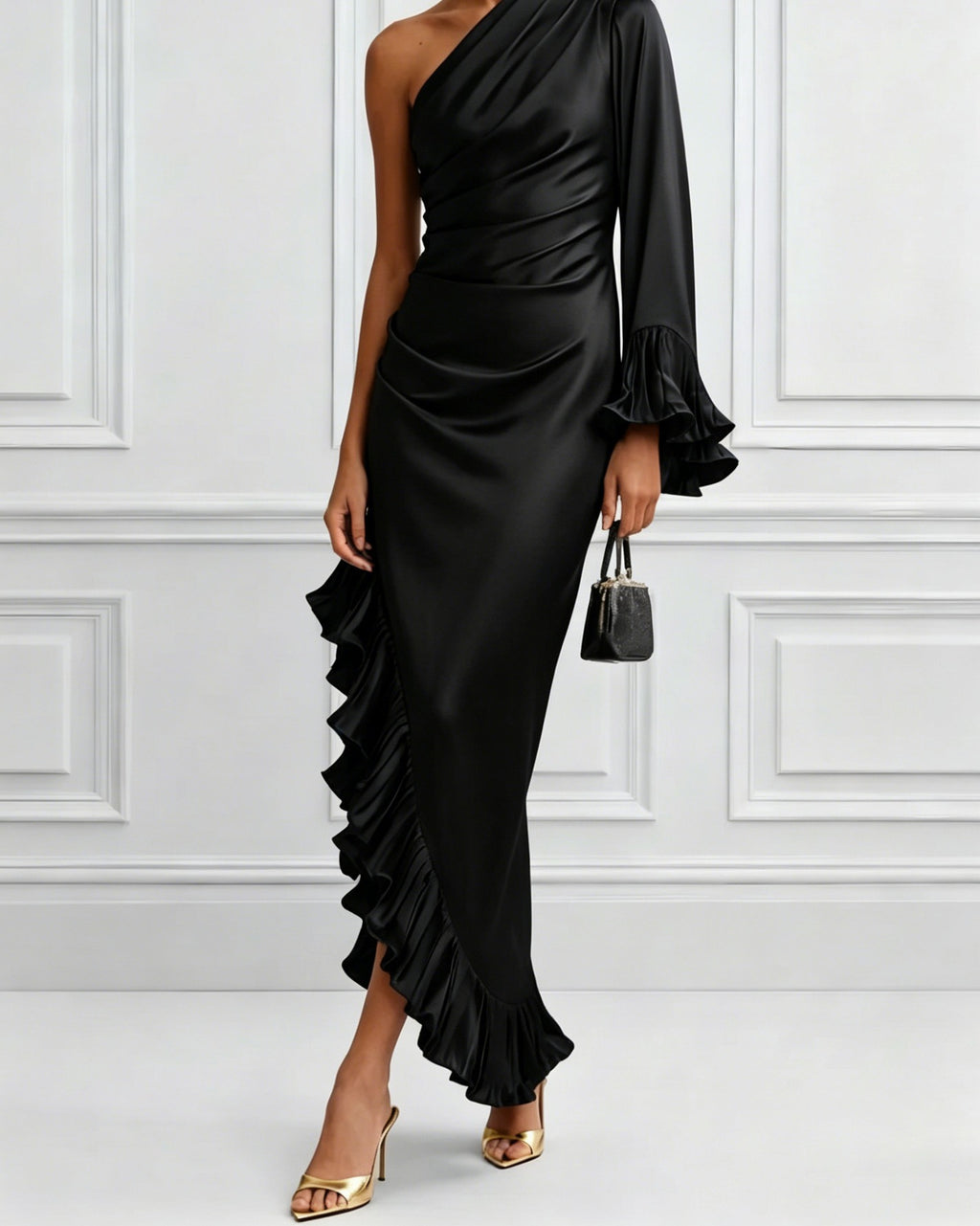 Ruched Satin One Shoulder Ruffle Hem Maxi Dress - Black