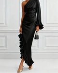 Ruched Satin One Shoulder Ruffle Hem Maxi Dress - Black