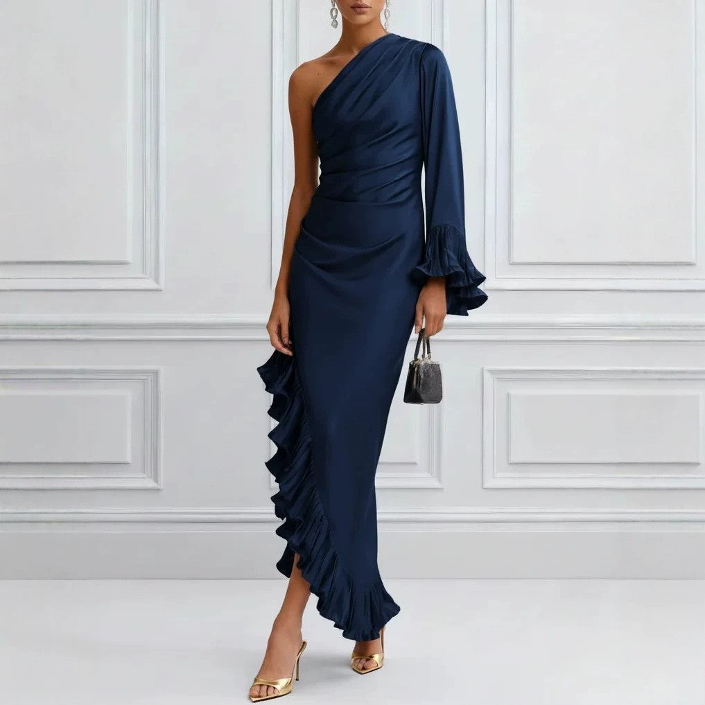 Ruched Satin One Shoulder Ruffle Hem Maxi Dress