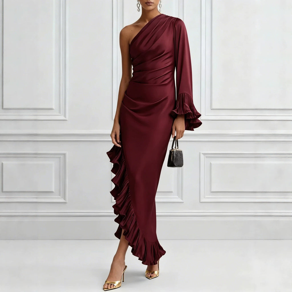 Ruched Satin One Shoulder Ruffle Hem Maxi Dress
