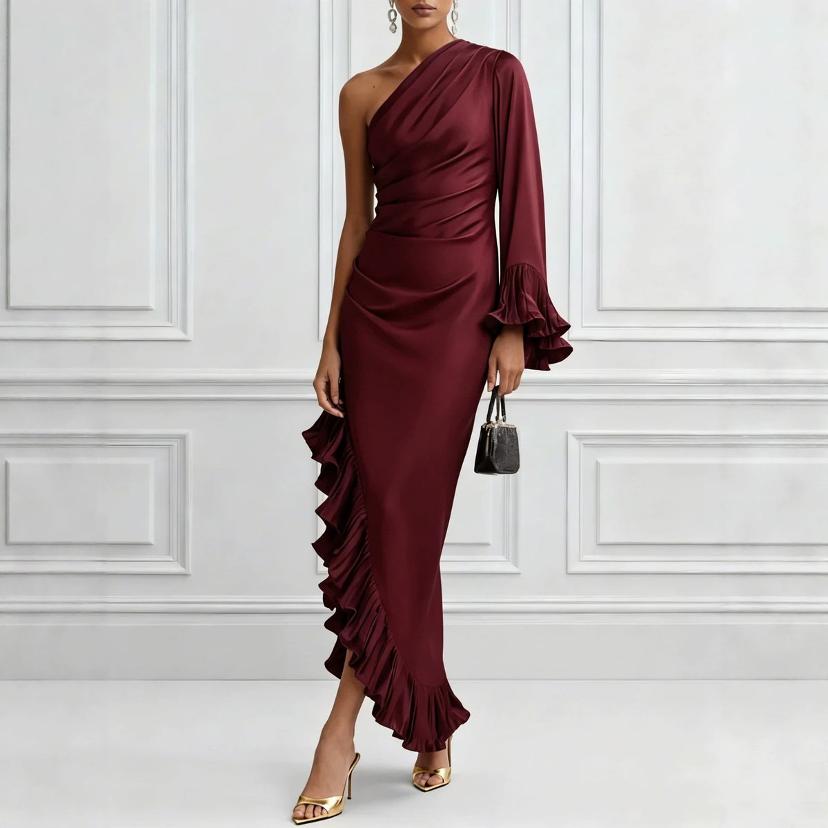 Ruched Satin One Shoulder Ruffle Hem Maxi Dress