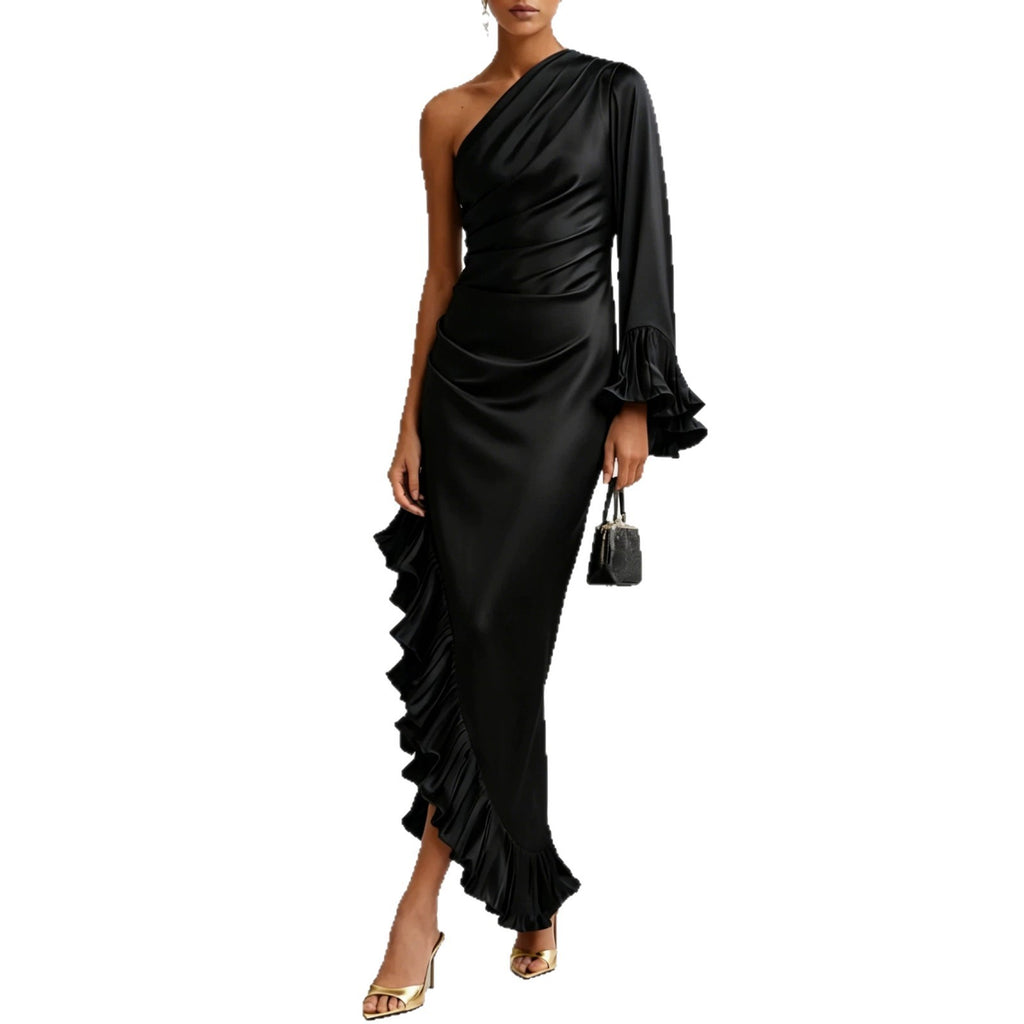Ruched Satin One Shoulder Ruffle Hem Maxi Dress