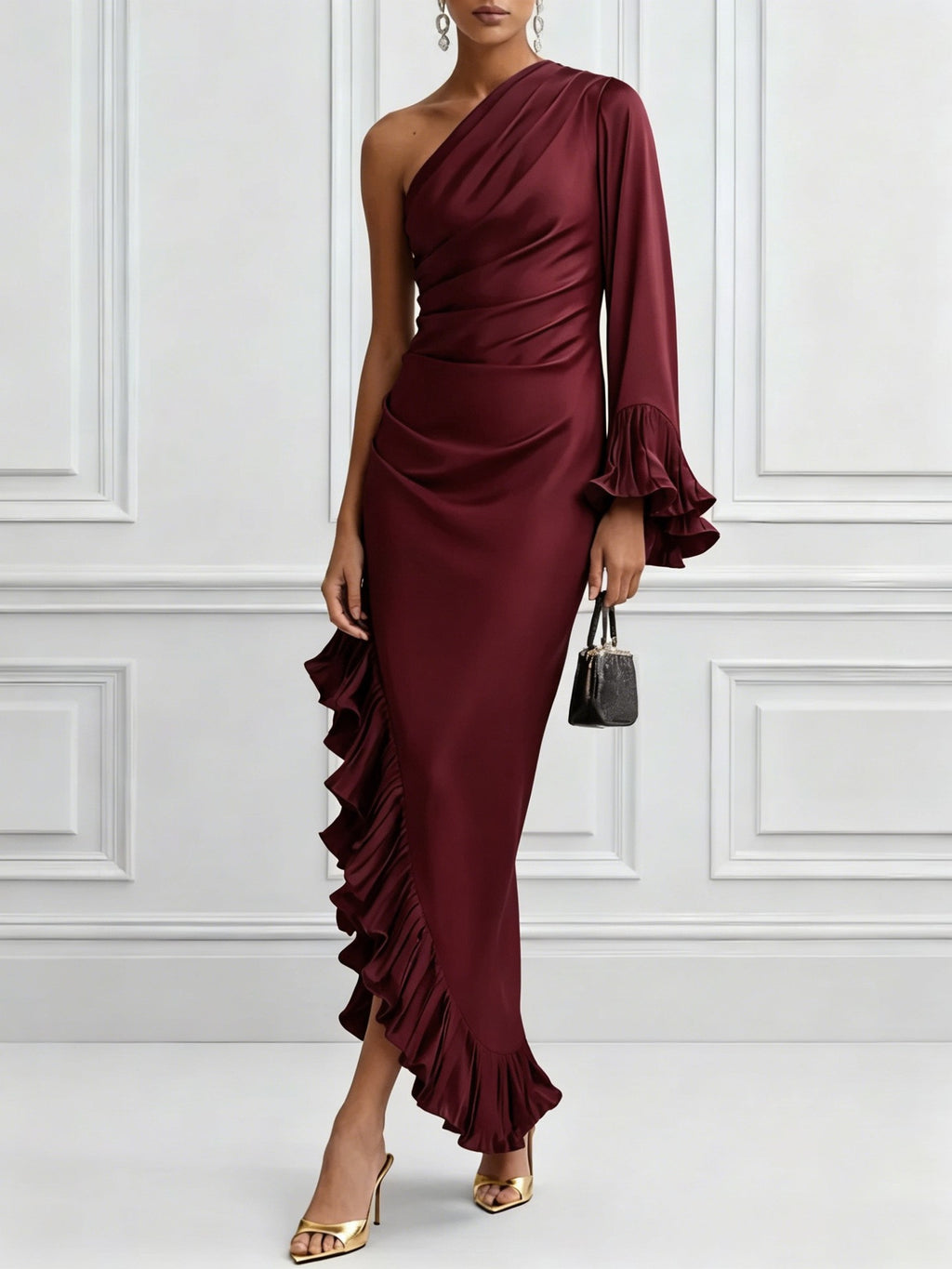 Ruched Satin One Shoulder Ruffle Hem Maxi Dress