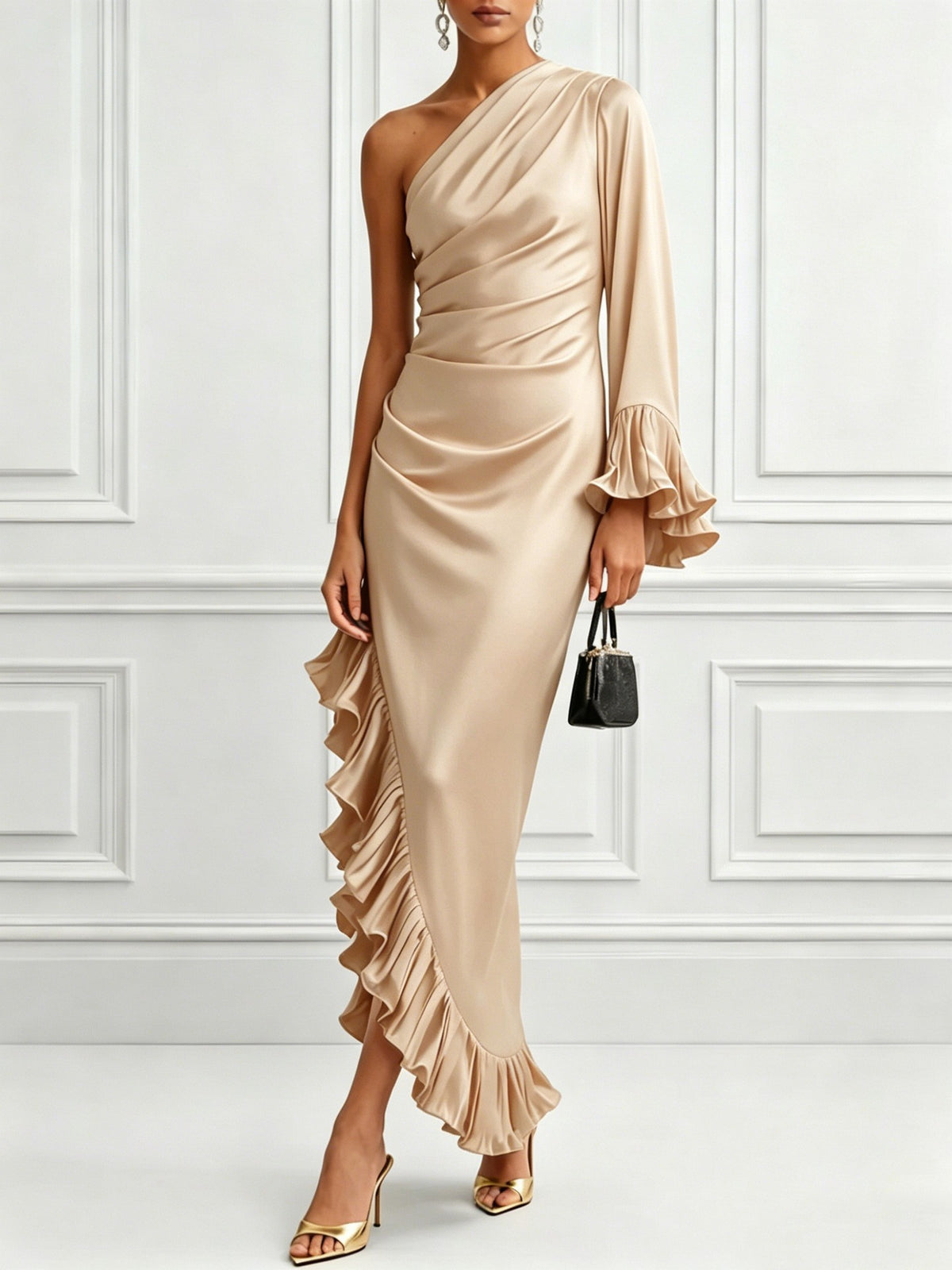 Ruched Satin One Shoulder Ruffle Hem Maxi Dress