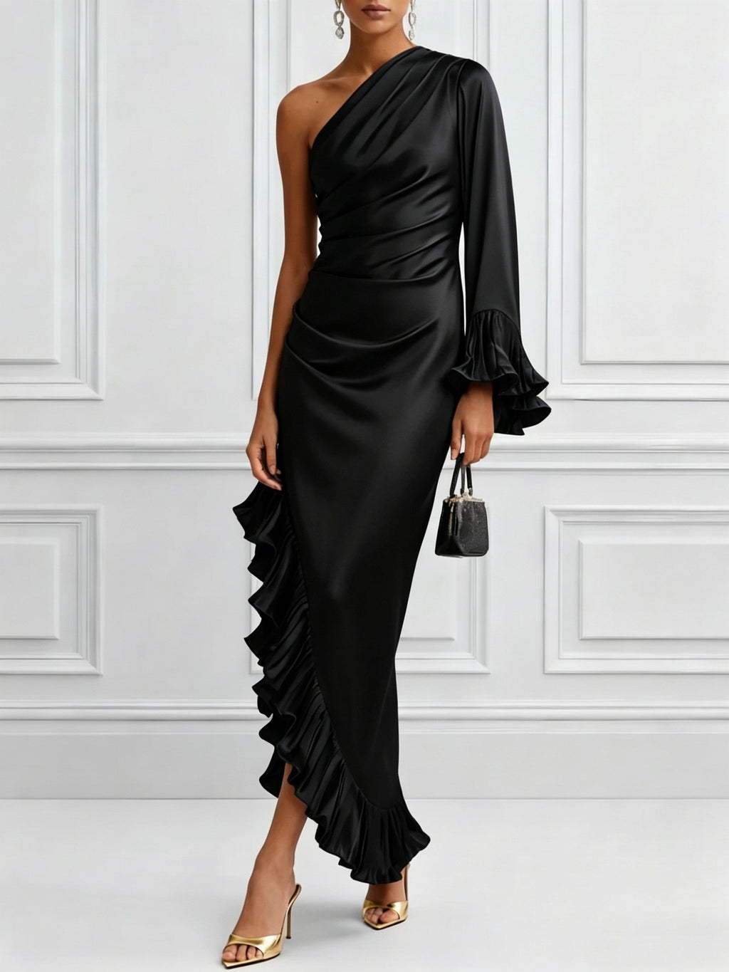 Ruched Satin One Shoulder Ruffle Hem Maxi Dress