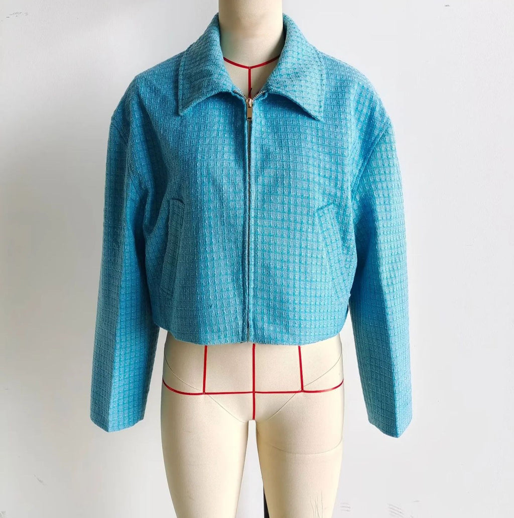 Cropped Tweed Zip Up Collared Jacket - Blue