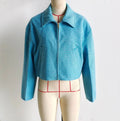 Cropped Tweed Zip Up Collared Jacket - Blue