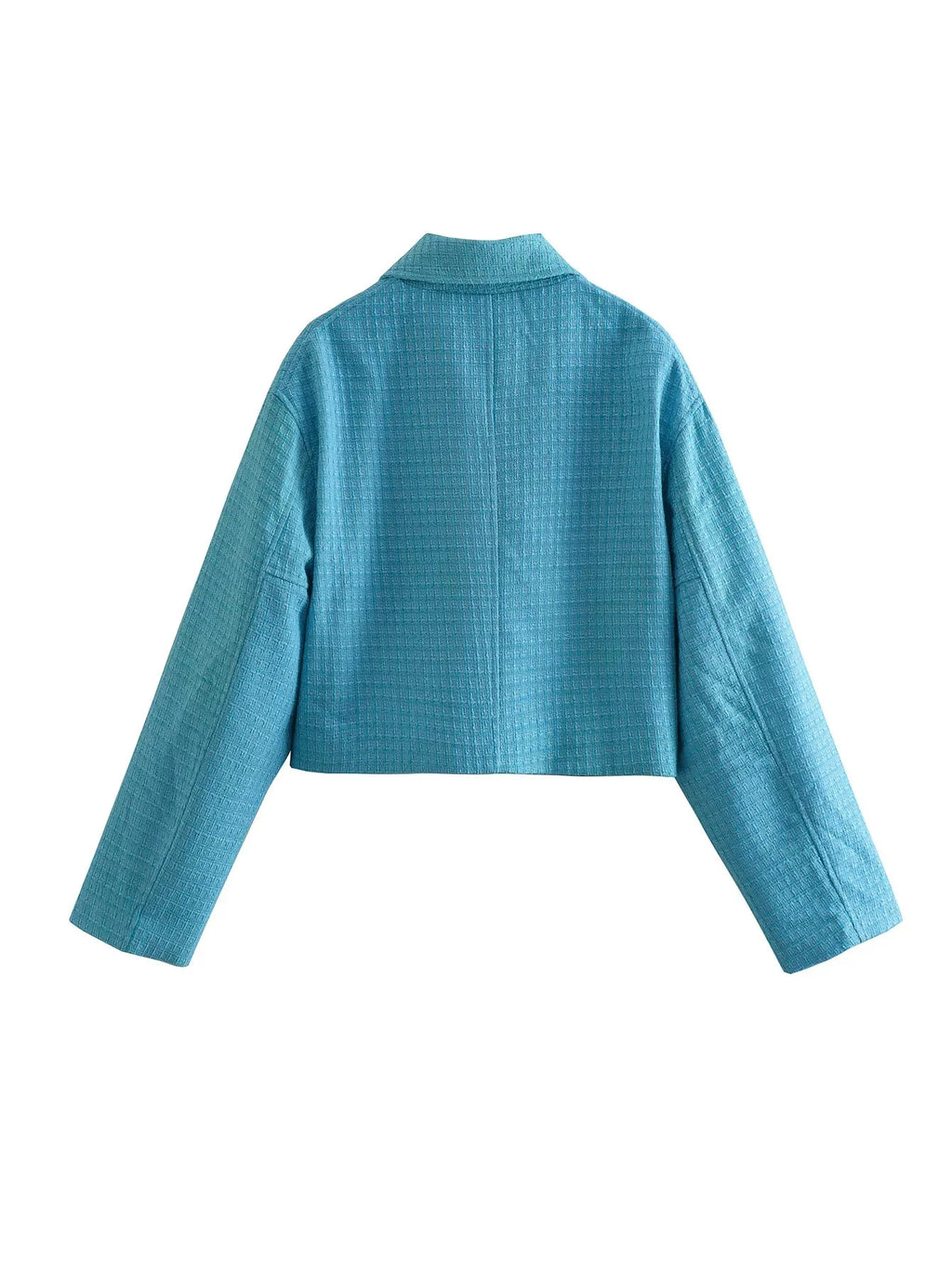 Cropped Tweed Zip Up Collared Jacket - Blue - 1