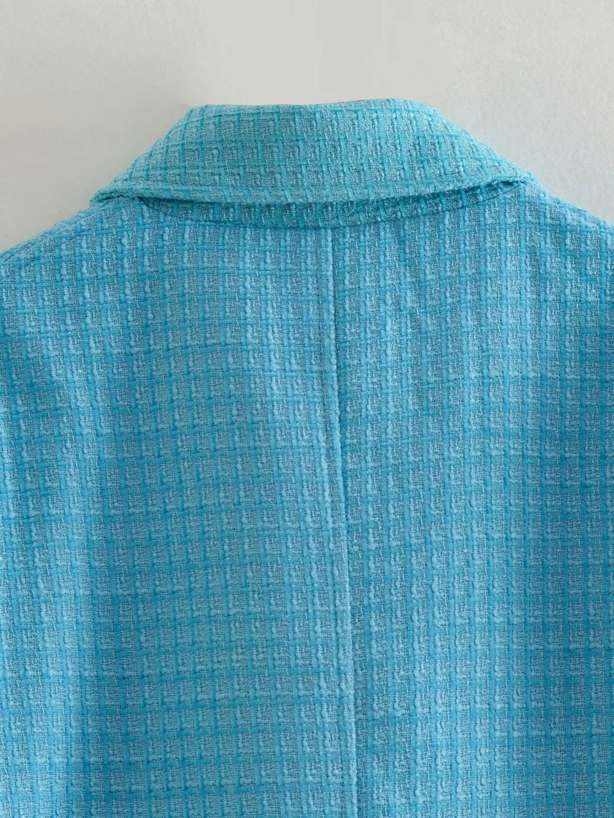 Cropped Tweed Zip Up Collared Jacket - Blue - 11