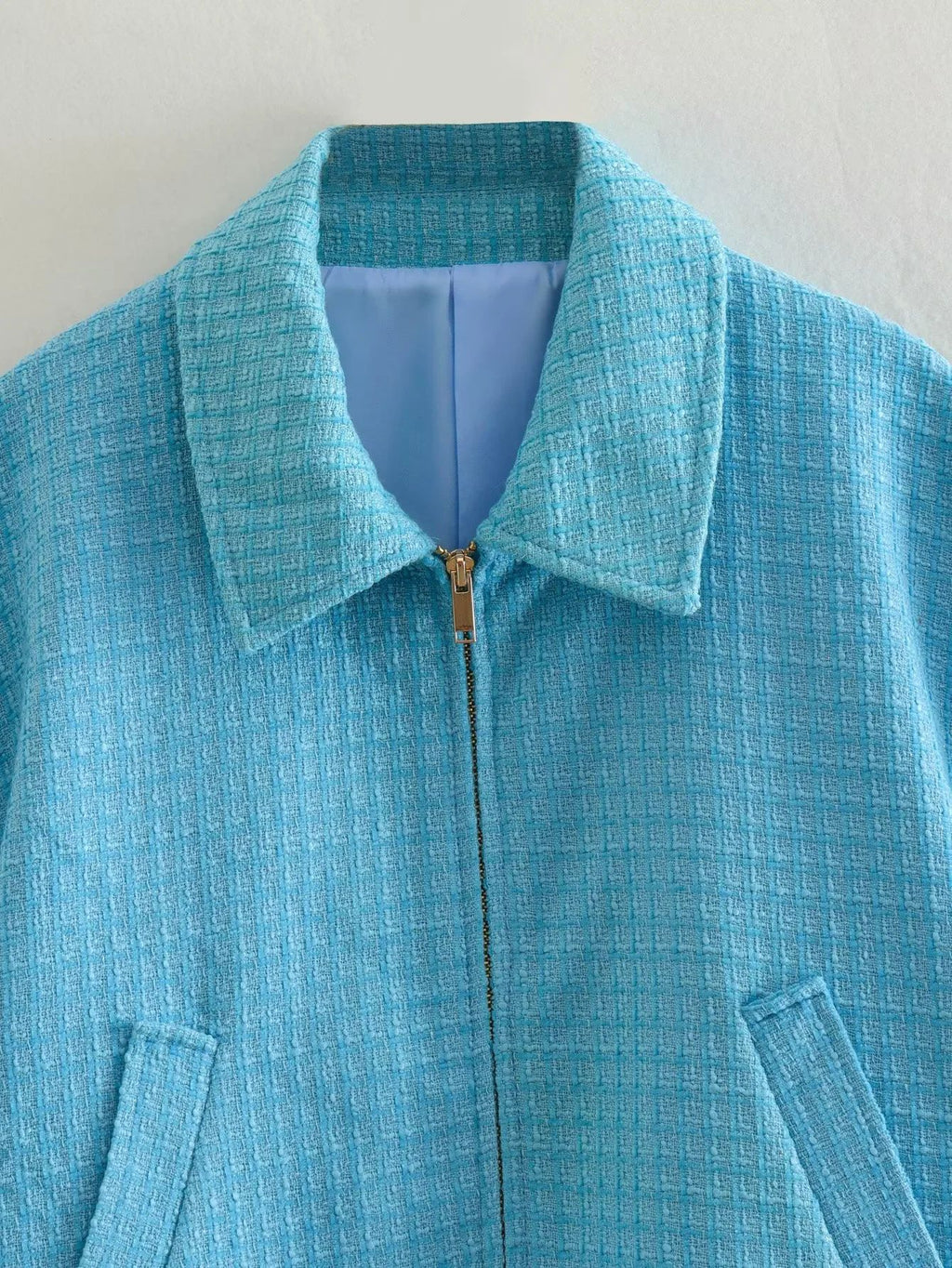 Cropped Tweed Zip Up Collared Jacket - Blue - 2