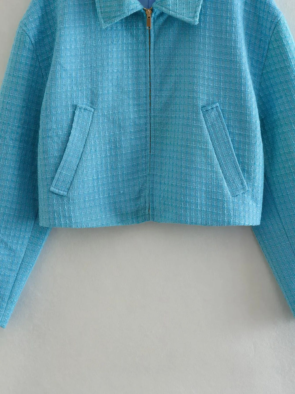 Cropped Tweed Zip Up Collared Jacket - Blue - 3