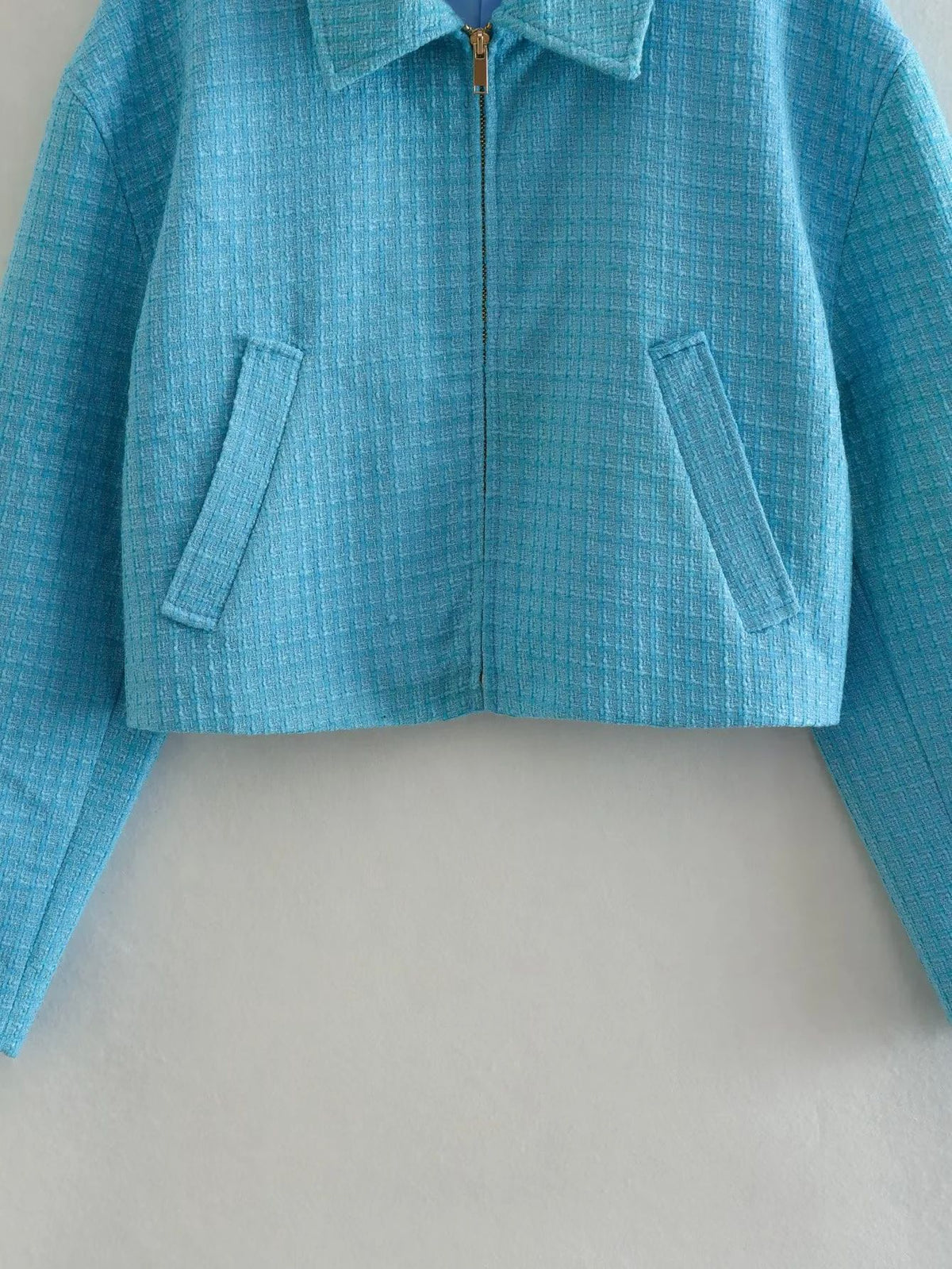 Cropped Tweed Zip Up Collared Jacket - Blue - 3