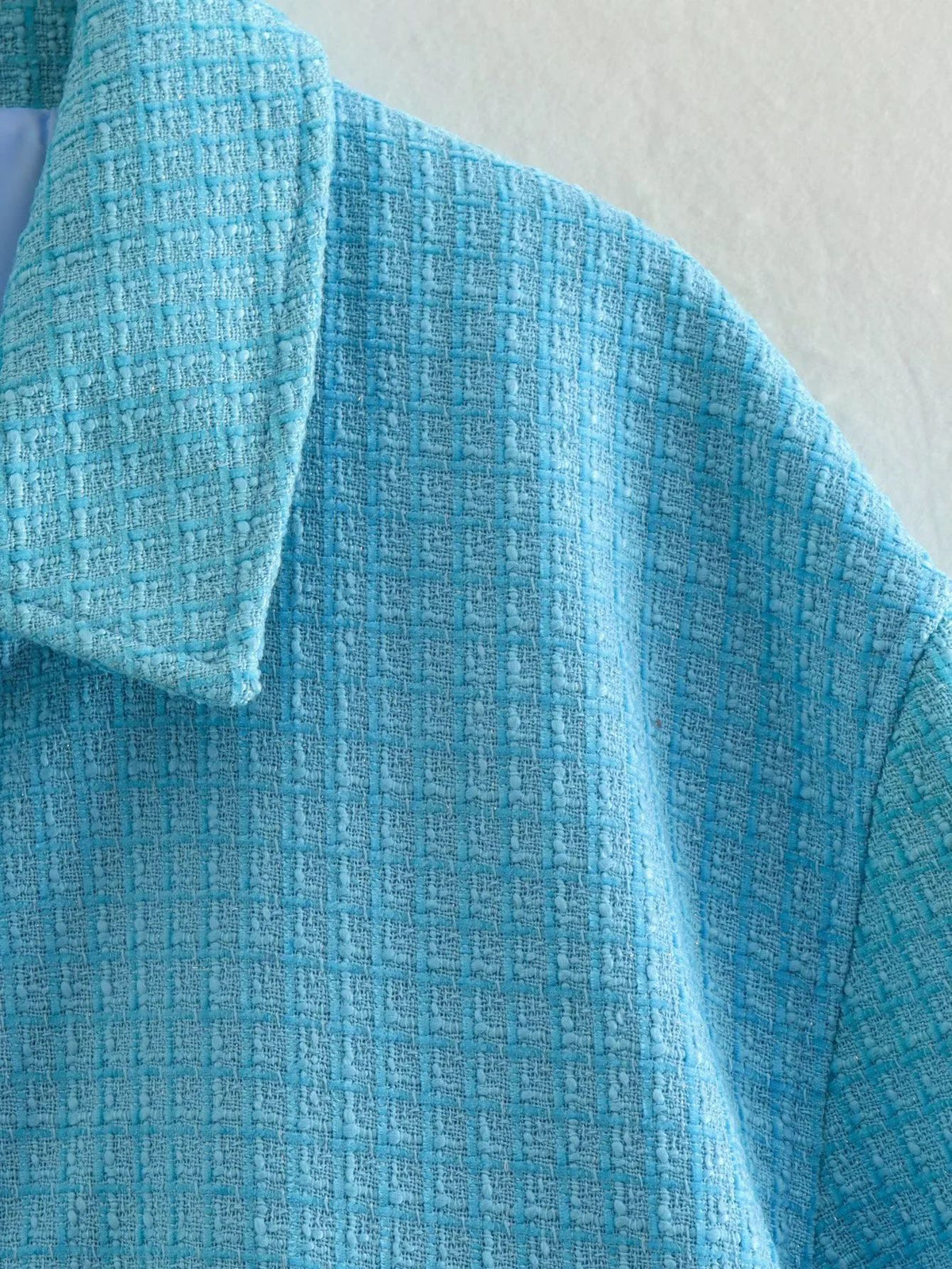 Cropped Tweed Zip Up Collared Jacket - Blue - 4