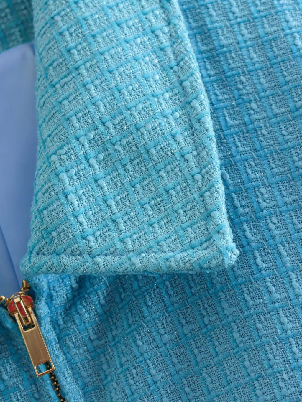 Cropped Tweed Zip Up Collared Jacket - Blue - 6