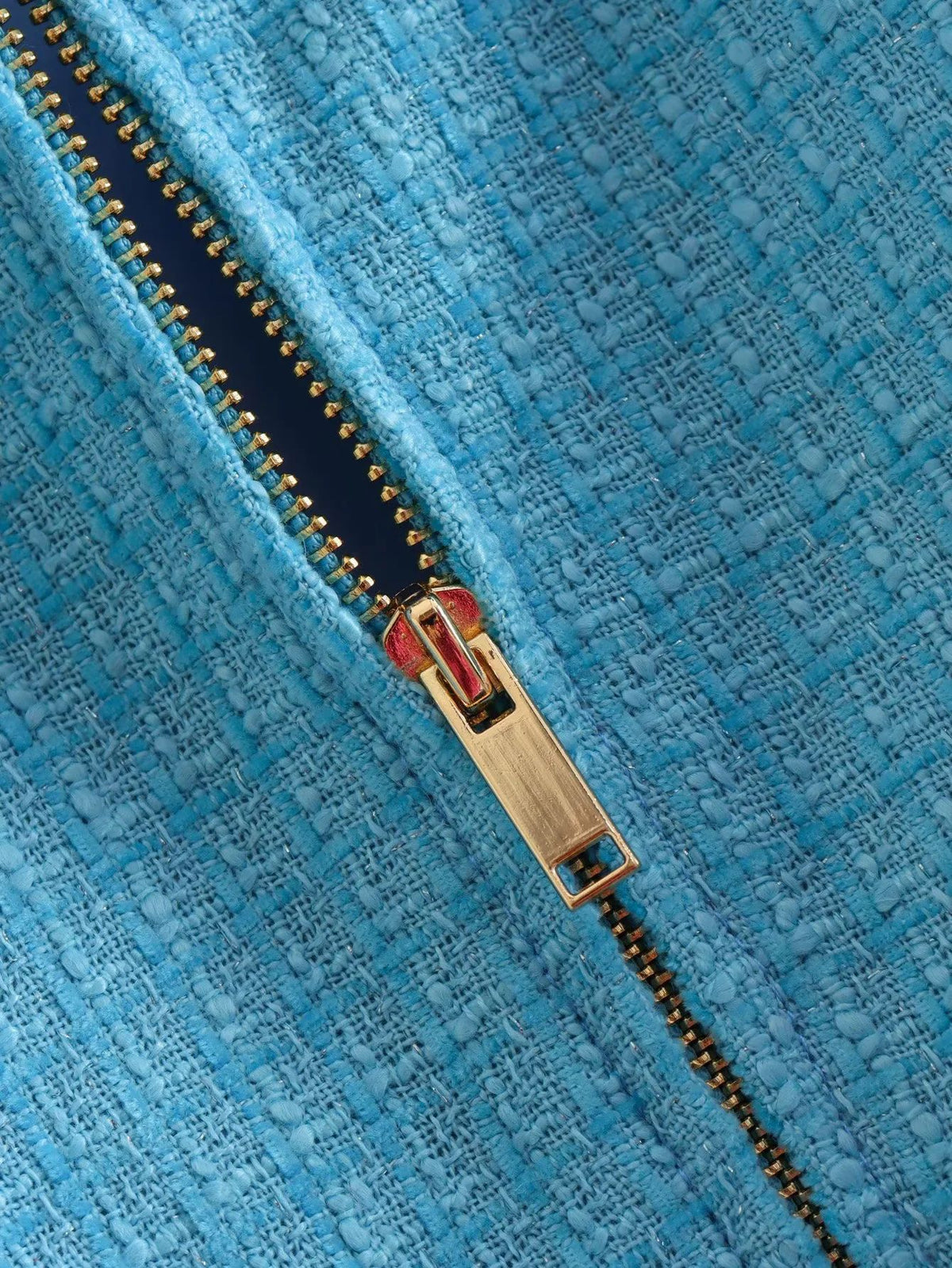 Cropped Tweed Zip Up Collared Jacket - Blue - 7
