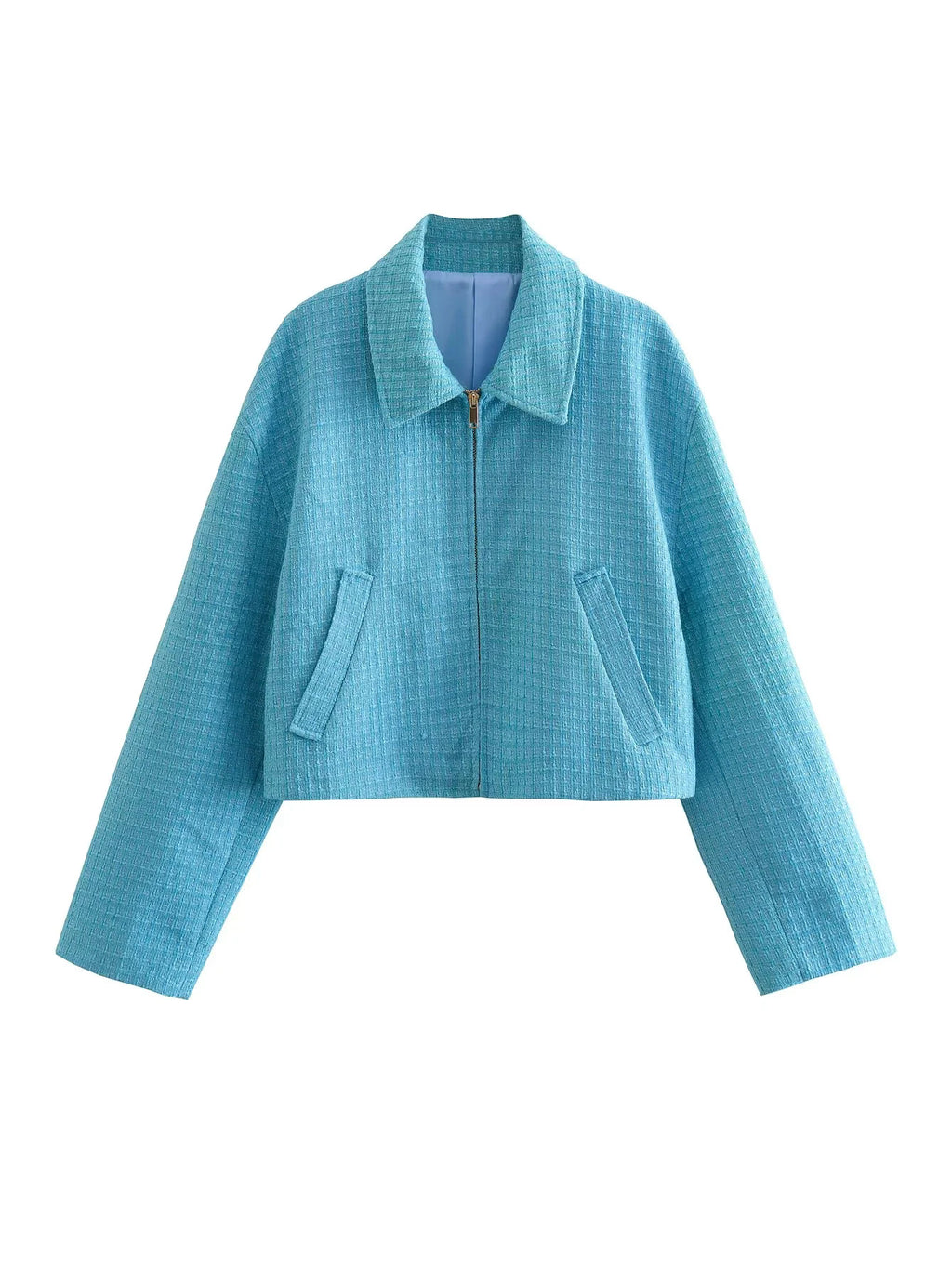 Cropped Tweed Zip Up Collared Jacket
