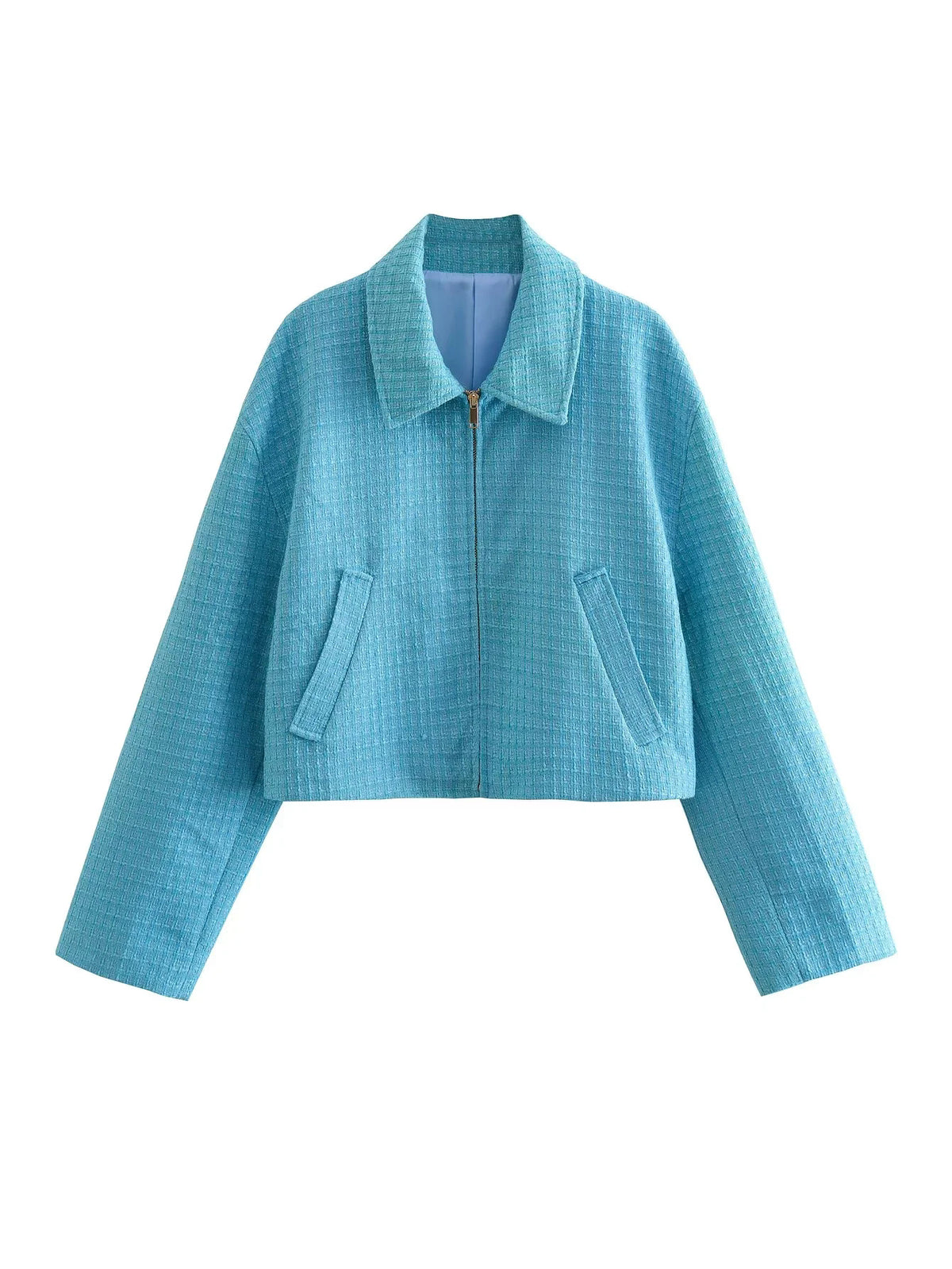 Cropped Tweed Zip Up Collared Jacket