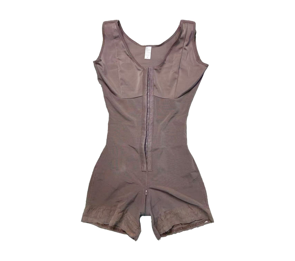V Neck Hook Front Mesh Thigh Shaping Bodysuit - Mocha
